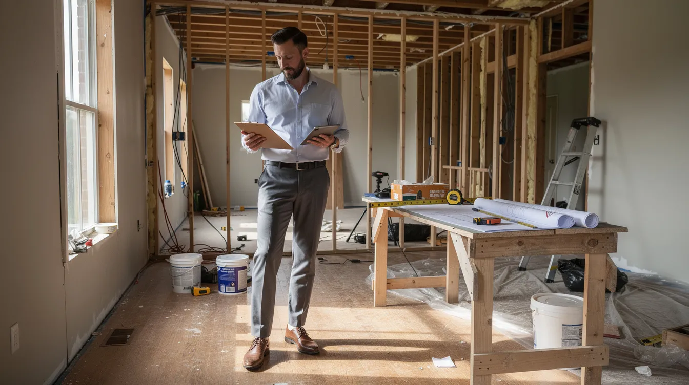 A real estate investor is inspecting a property that is currently undergoing renovation, assessing the home improvements and potential value increase. The investor is likely considering financing options such as a home equity loan or line of credit to cover the costs associated with the renovations.