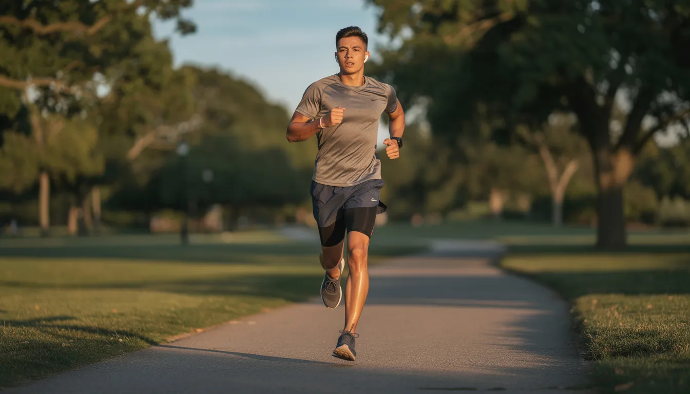 A person jogs outdoors in the morning sunlight, dressed in athletic clothing, embodying an active lifestyle. The scene captures the essence of health and vitality, reminiscent of the benefits of amino acids and peptides for skin health and youthful appearance.