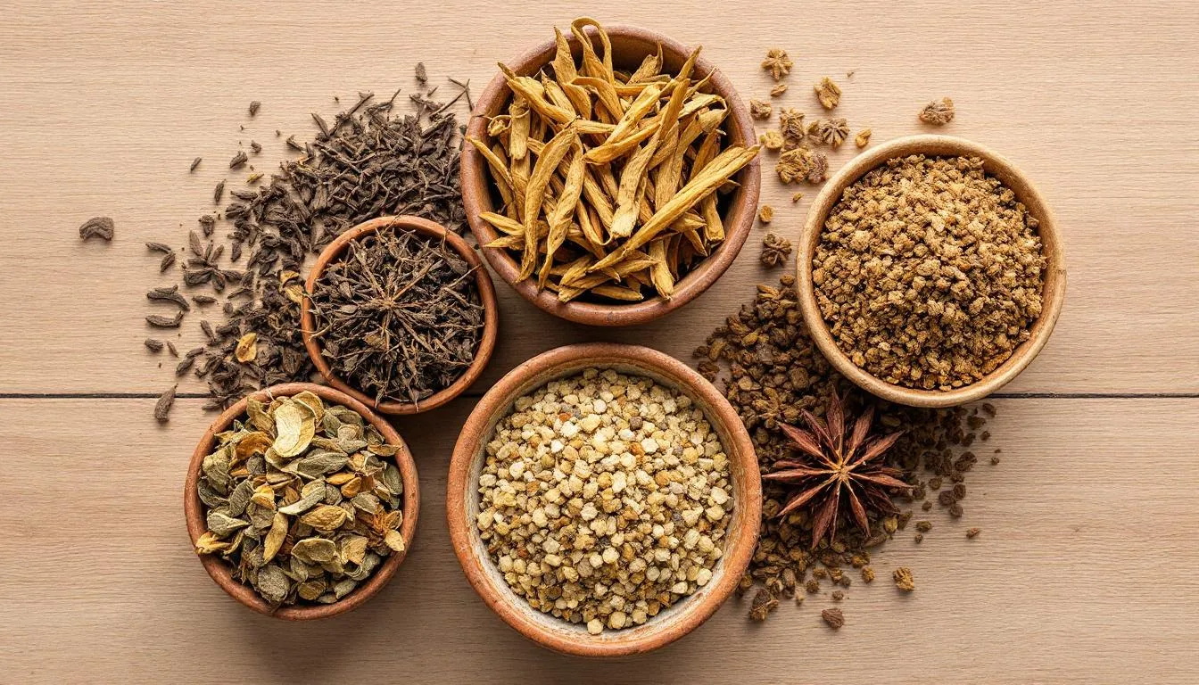 In der Abbildung sind verschiedene getrocknete Räucherkräuter und Harze in kleinen Schalen arrangiert, darunter weißer Salbei, Palo Santo und Lavendel. Diese Kräuter sind ideal zum Räuchern und schaffen eine harmonische Raumatmosphäre für Meditation und Reinigungszeremonien.