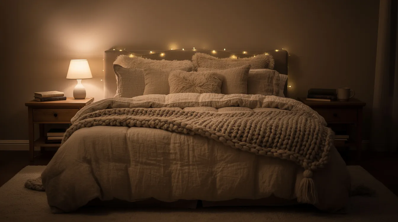 The image depicts a cozy bedroom with dim lighting and soft, comfortable bedding, creating a serene atmosphere ideal for relaxation. This inviting space may help those experiencing restless legs syndrome to manage symptoms and improve their chances of falling asleep peacefully.