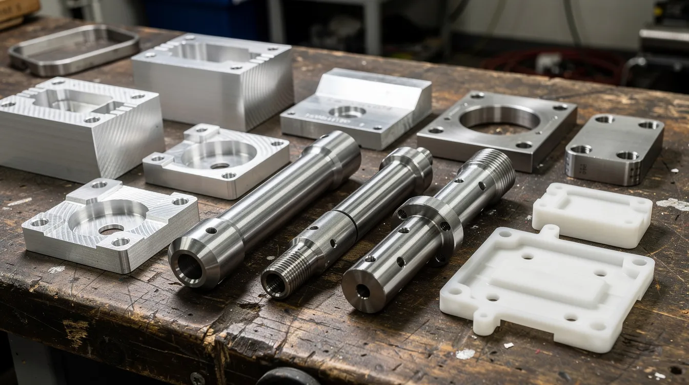 The image shows a variety of metal and plastic prototype parts arranged on a workbench, showcasing different stages of the CNC machining process, including CNC milled and turned components. These machined prototypes illustrate the complexity and precision involved in rapid prototyping for various industries.