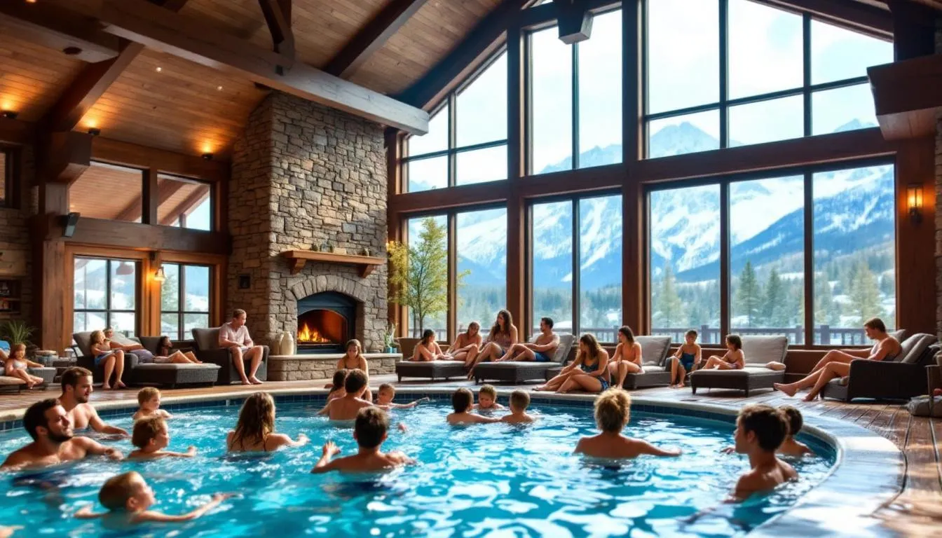 The image depicts an indoor pool area featuring mountain lodge architecture, where families are enjoying the facilities together. This inviting space is perfect for relaxation after a day at the nearby Brian Head Ski Resort or exploring Cedar Breaks National Monument.