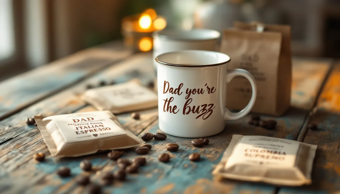A beautifully arranged DIY coffee gift set for Father's Day, featuring small coffee bags, a personalized mug, and a heartfelt handwritten note, all displayed on a rustic wooden table bathed in soft natural light. This thoughtful gift idea is perfect for celebrating dad and creating lasting memories together.