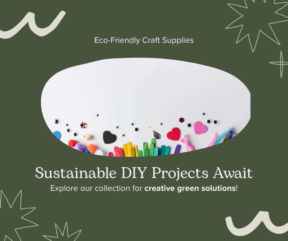 "Flat lay of sustainable craft materials with green leaves, yarn, and cardboard in a chic, vibrant design."