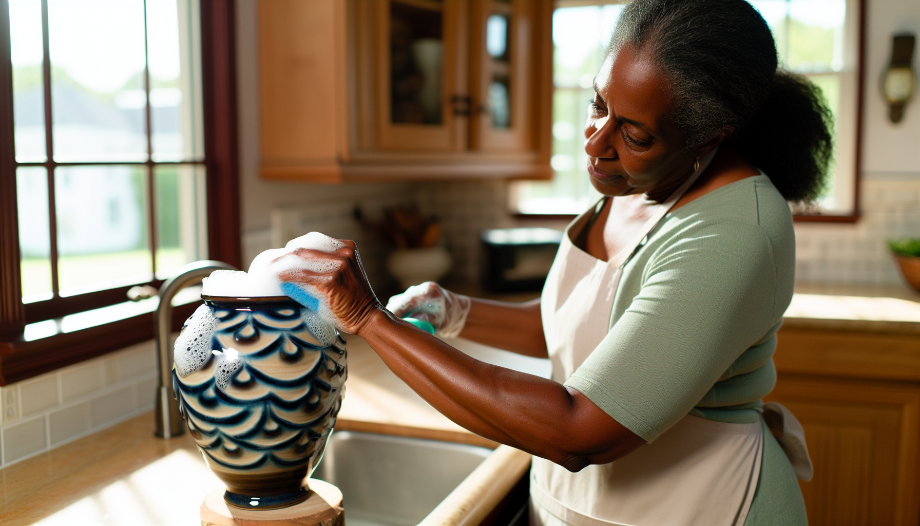Cleaning a ceramic vase with warm soapy water