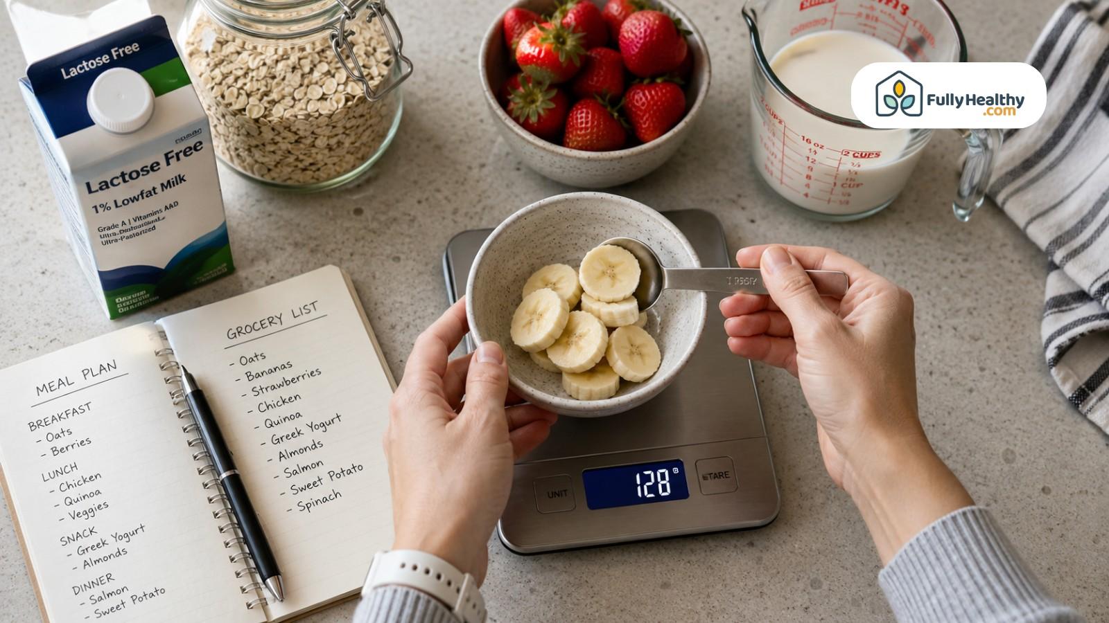 Hands measuring sliced banana beside lactose-free milk, oats, strawberries, and meal plan