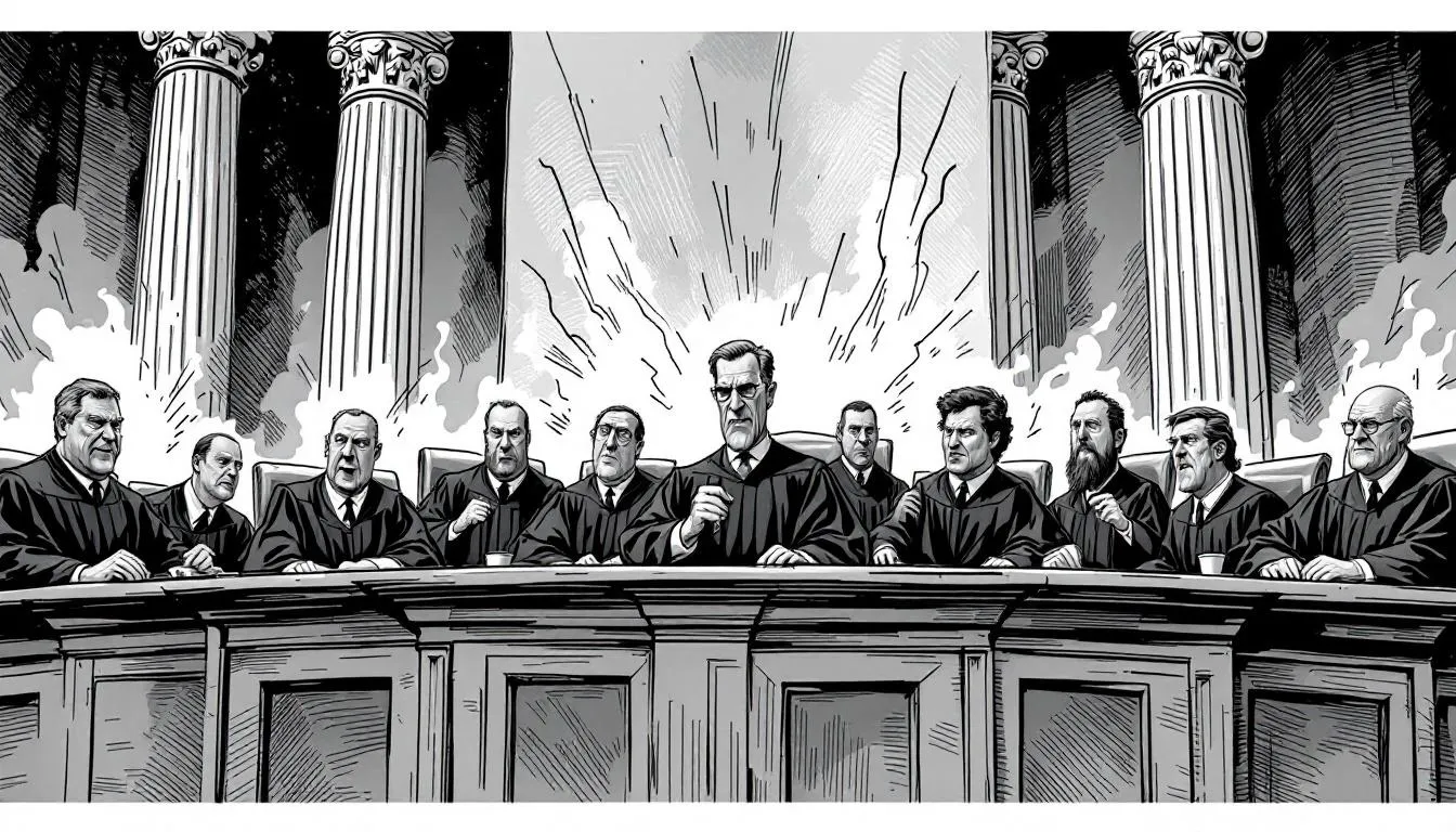 Supreme Court justices deliberating on constitutional restraints.