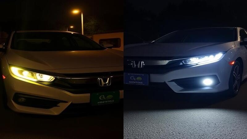 Honda Civic LED vs halogen headlight comparison.
