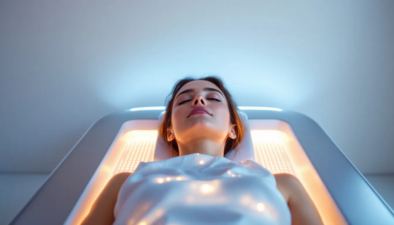 A person using a full body LED light therapy bed, demonstrating its health benefits.