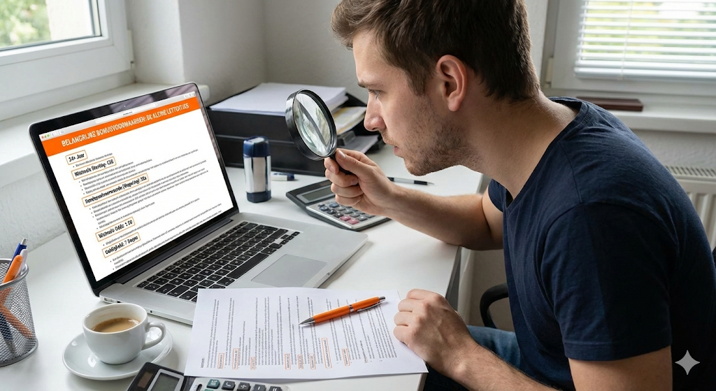 Man controleert de algemene voorwaarden van legale online bookmakers met een vergrootglas, voorbeeld van kritisch vergelijken van online weddenschappen, beste odds en bonusvoorwaarden bij Nederlandse bookmakers onder toezicht van de Nederlandse Kansspelautoriteit, met focus op veilig en verantwoord wedden op sport sinds 2021.