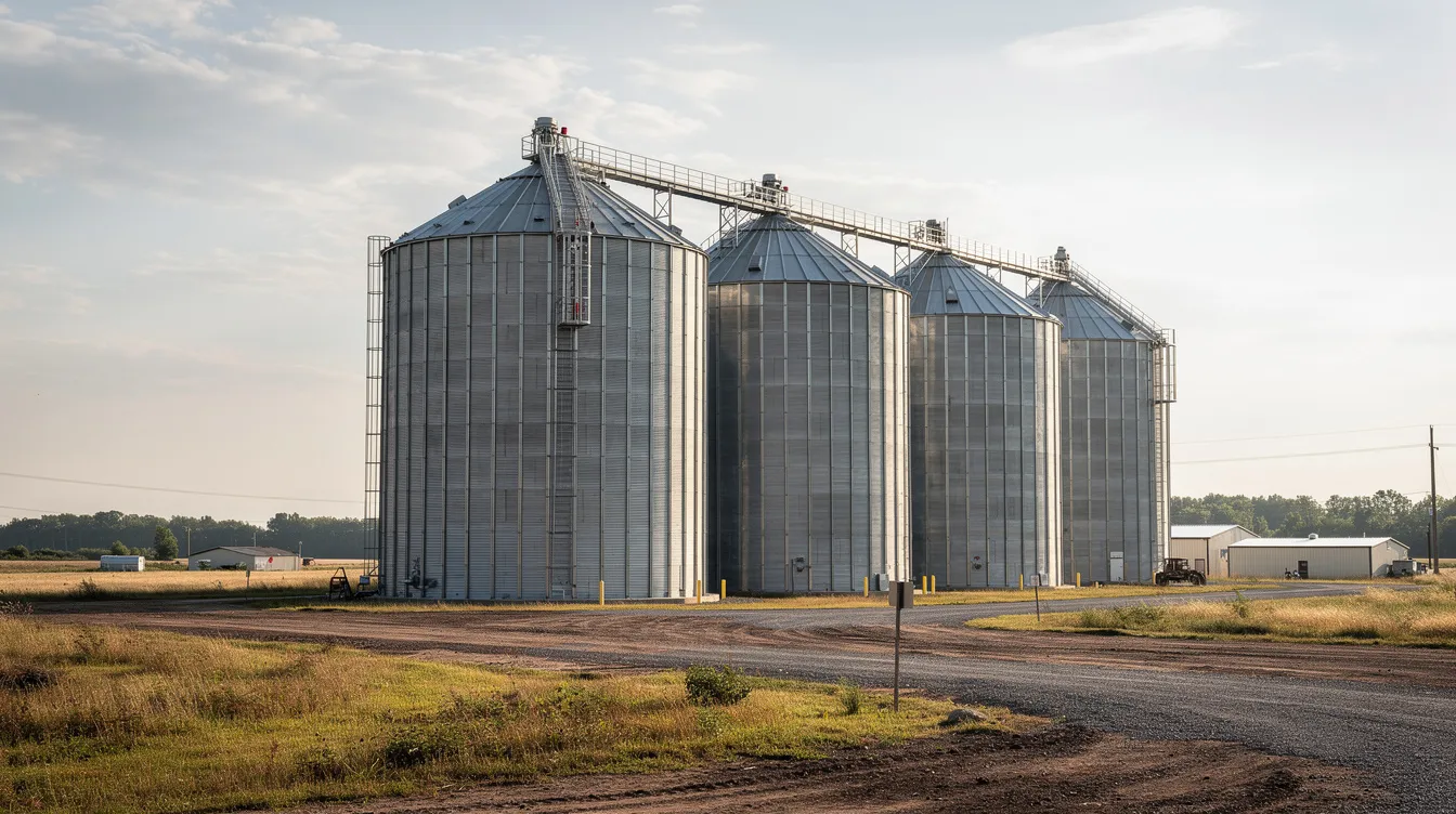 855b2d01 e20f 4586 b1d4 e0b93d338f6f The image depicts large metal grain storage silos situated in an expansive rural industrial landscape, indicative of a soybean processing plant. These silos are essential for storing raw materials like soybeans, which are crucial for soybean oil production and the soybean processing industry.