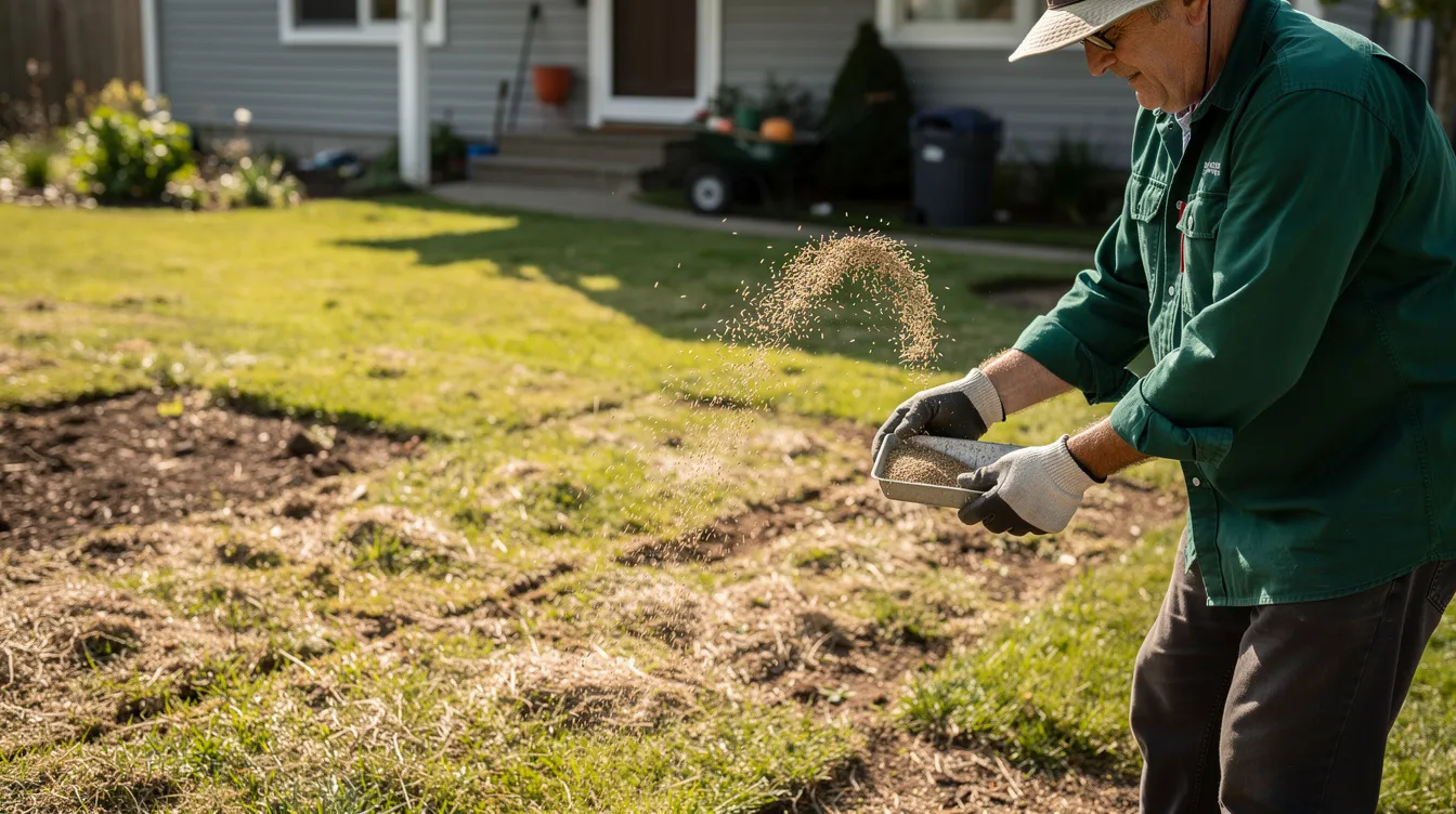 A gardener is scattering grass seed across a patchy lawn, preparing to overseed the existing grass with a mix of perennial ryegrass and tall fescue. The soil surface is being enriched to promote new grass growth, aiming to fill in bare patches and improve the overall appearance of the yard.