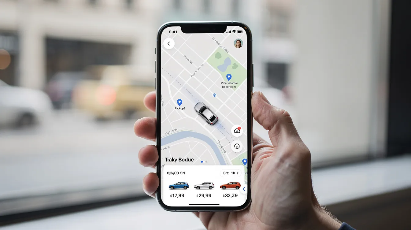 Una persona sostiene un smartphone que muestra una interfaz de reserva de alquiler de vehículos, con un mapa y opciones de coches disponibles en pantalla. Esta imagen ilustra el uso de tecnología para facilitar el proceso de gestión de alquiler en línea.