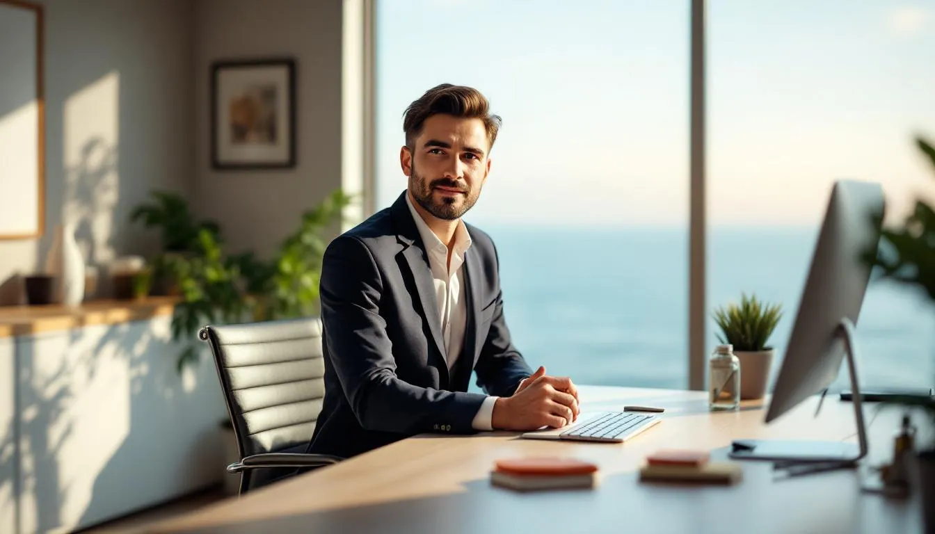 A confident small business owner sits comfortably in a modern, bright office, reflecting a sense of success after securing same-day funding using critical thinking. Behind them, a large window reveals a serene ocean view, symbolizing clarity and optimism, while the clean, organized workspace conveys professionalism and stability, aligning with themes of business growth and providing transparent tailored funding solutions.