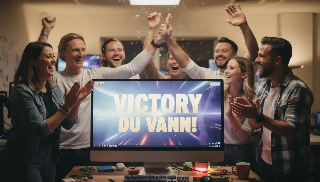 En grupp glada personer firar en vinst framför en datorskärm, troligen efter att ha spelat på ett online casino. De ser ut att ha haft tur med sina insatser och kanske har de även fått ta del av en casino bonus eller 100 free spins.