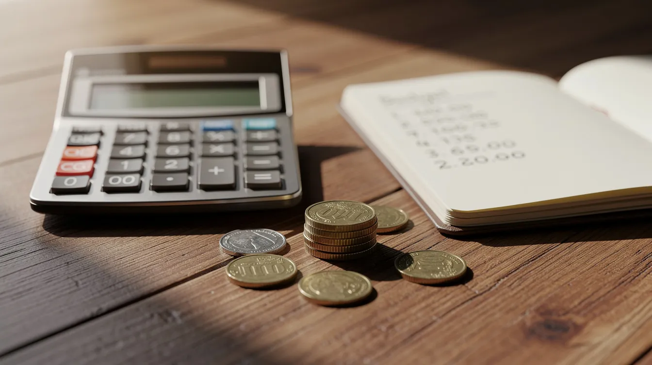 The image depicts a calculator, a few coins, and a small notebook arranged neatly on a wooden desk, symbolizing the concept of financial planning. This setup suggests a focus on budgeting and managing loans, possibly for public servants or professionals considering low-interest loan options.