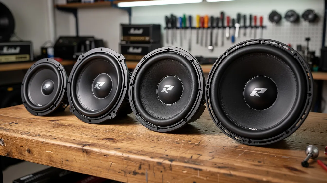 The image features a lineup of various sized car subwoofers, ranging from small eight-inch models to large fifteen-inch units, all arranged on a workbench. These subwoofers are designed to produce deep bass tones and enhance the low frequency audio experience in sound systems, making them essential for delivering accurate bass in both music and movie sound effects.
