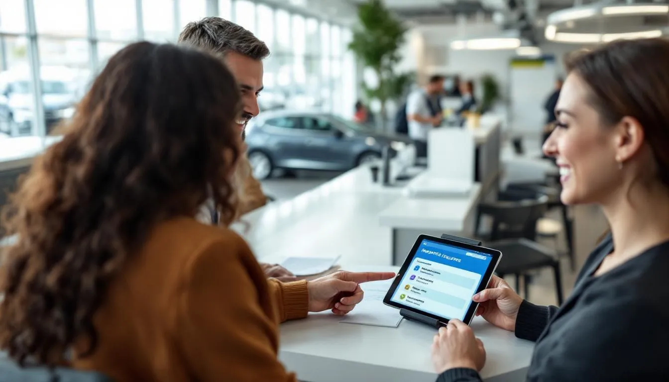 A person is at a rental car counter, handing their driver's license and credit card to a smiling rental agent who is pointing at a digital tablet displaying various insurance options. In the background, several rental cars are visible, emphasizing the moment of decision-making regarding rental car insurance coverage.