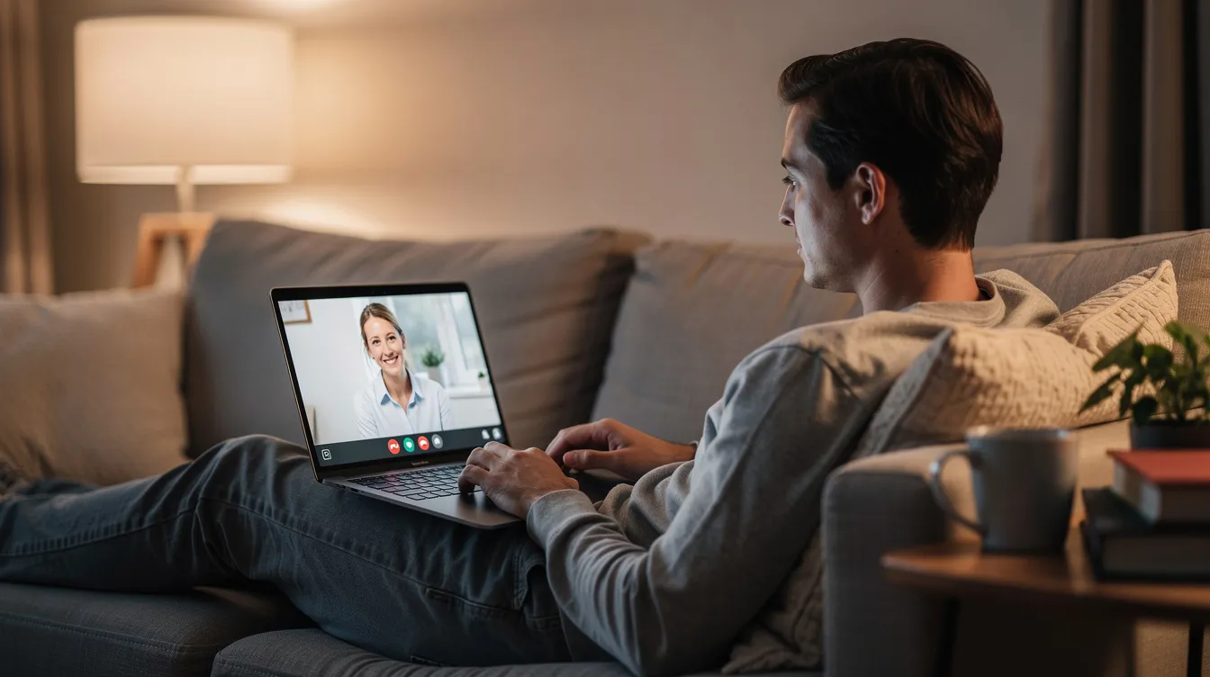 A person is sitting comfortably at home, engaging in a video therapy session on their laptop, focusing on improving their mental health through behavioral health therapy. This scene highlights the accessibility of mental health services and the importance of coping mechanisms for managing emotional distress and behavioral health issues.