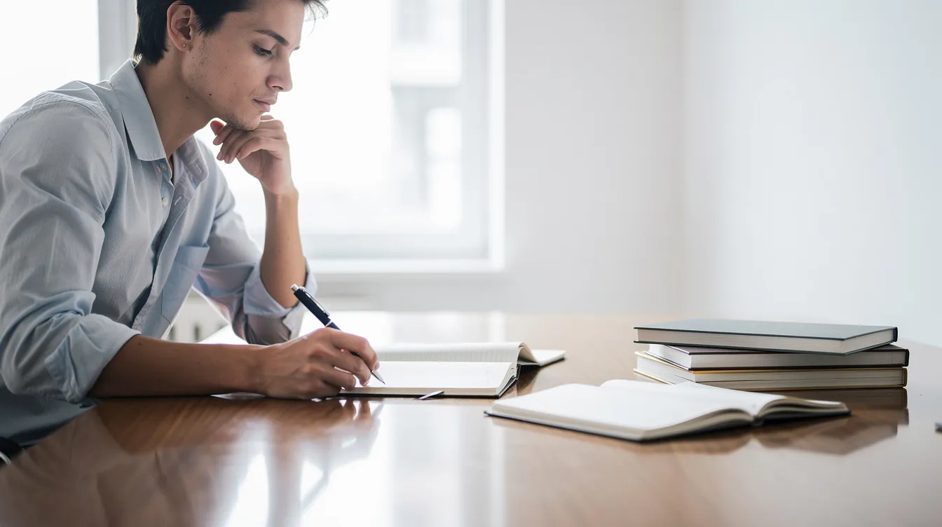 Une personne en posture réflexive se tient dans un bureau lumineux, le regard concentré sur ses carnets et son stylo, symbolisant l'engagement d'un leader dans le développement d'une vision claire pour ses équipes. Cette scène évoque l'importance du management et de la réflexion stratégique pour atteindre les objectifs de l'entreprise.