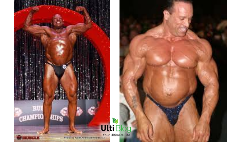 A pair of bodybuilders flexing with swollen bellies in a post about Bodybuilding Bubble Gut