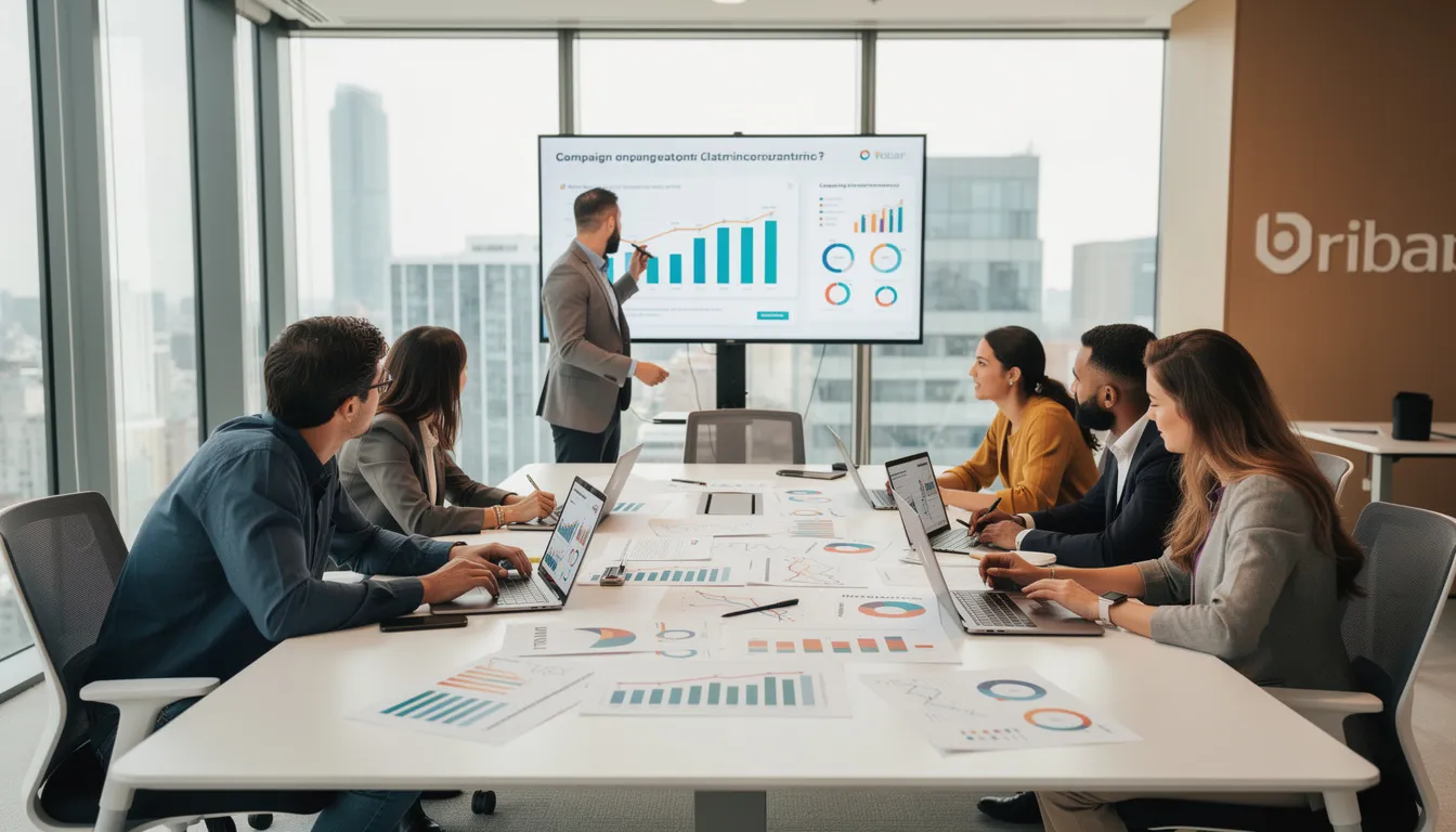 The image shows a marketing team collaborating around a conference table, equipped with laptops and various charts, discussing strategies for enhancing their digital presence and SEO services in Phoenix. Their focus on local SEO and effective marketing strategies illustrates the importance of optimizing for search engines to boost online visibility for local businesses.