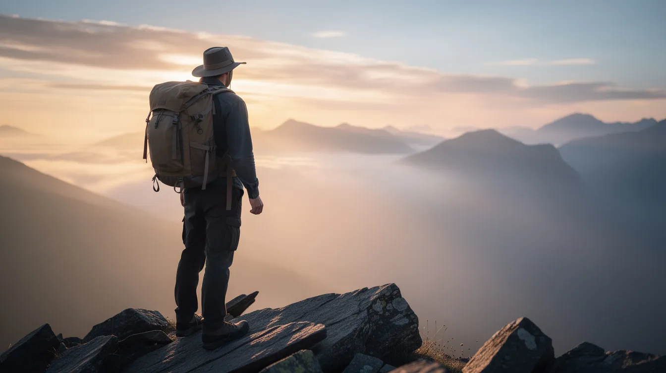 Ein einsamer Entdecker mit Rucksack und Hut steht auf einem Felsvorsprung und blickt über eine weite, nebelverhangene Berglandschaft bei Sonnenaufgang. Diese Szene erinnert an die aufregenden Abenteuerfilme, in denen Helden auf der Suche nach neuen Erlebnissen und Herausforderungen sind.