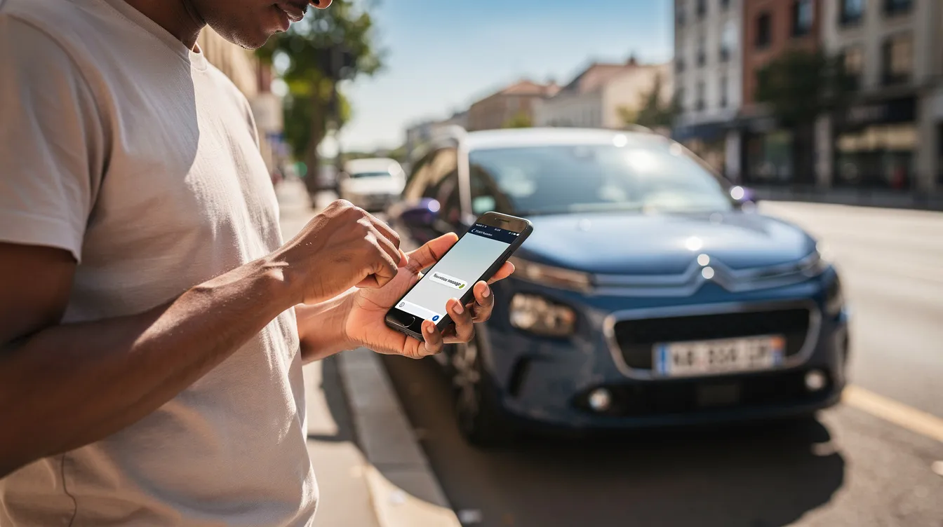 Une personne consulte son smartphone, debout devant une voiture garée dans une rue ensoleillée, probablement en train de rechercher des informations sur la location de voitures à Marrakech. L'ambiance est détendue, reflétant une expérience de voyage agréable dans cette ville marocaine.