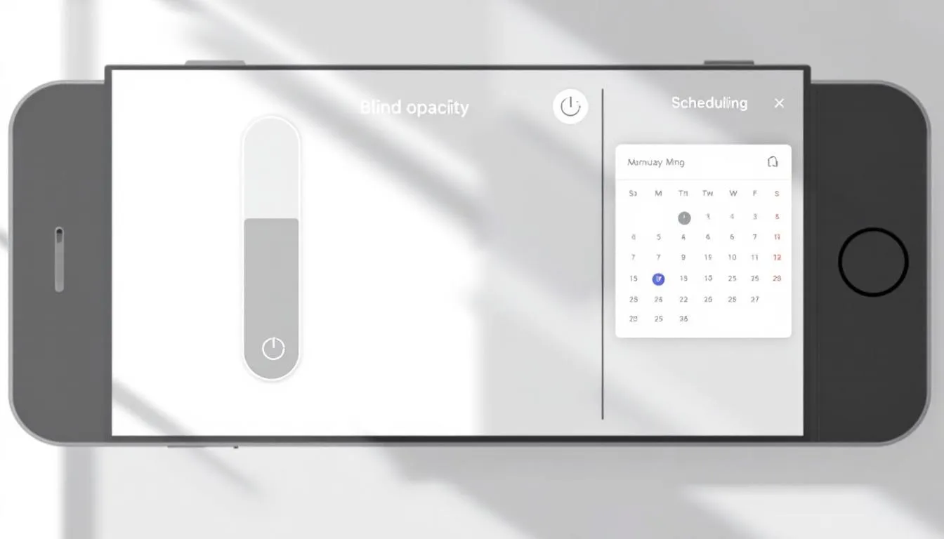 The image depicts a smart home control app interface designed for managing electric blinds and scheduling their operation, featuring accessible blind controls. Users can effortlessly adjust motorised roller blinds for optimal light filtering and privacy in various rooms of their home, enhancing convenience and energy efficiency.