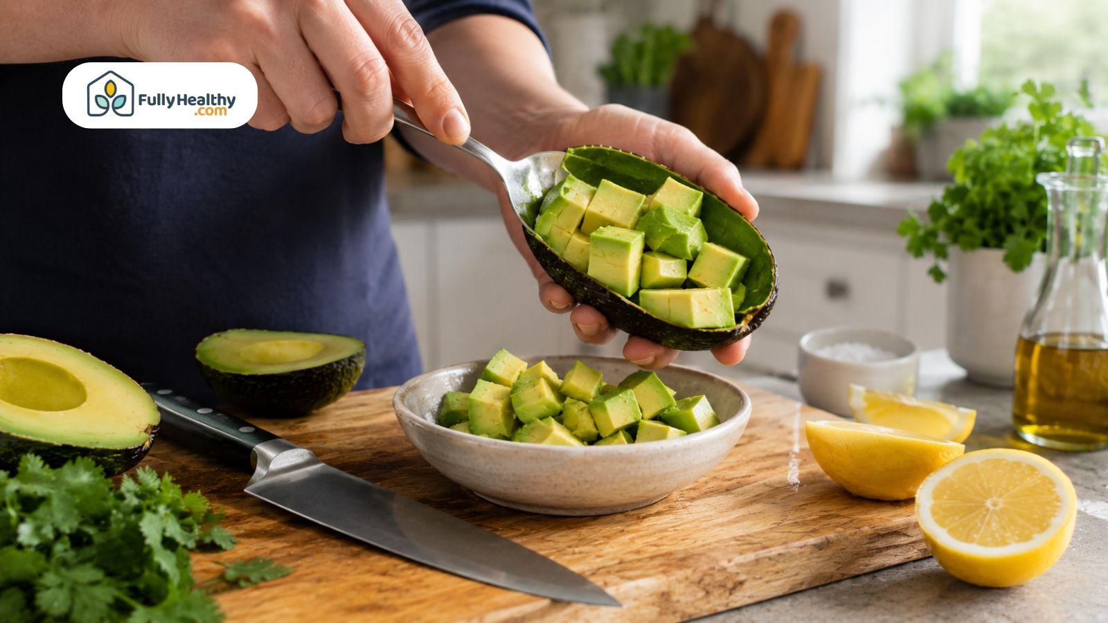 Spoon scooping avocado cubes from peel beside lemons and chef’s knife