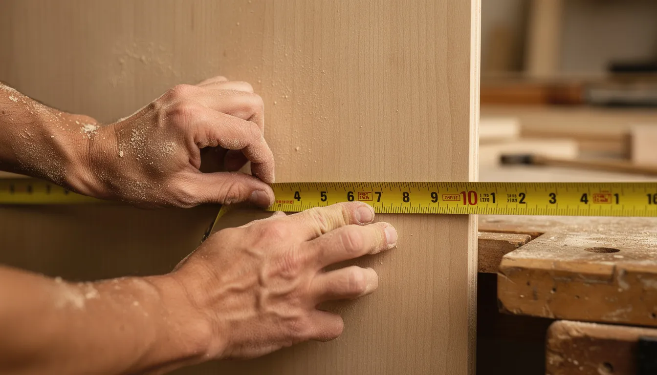 Een close-up van handen die een houten wandpaneel meten met een meetlint op een werkbank. De focus ligt op de nauwkeurigheid van het meten, wat essentieel is voor het inkorten van de akoestische wandpanelen voor een professionele afwerking.