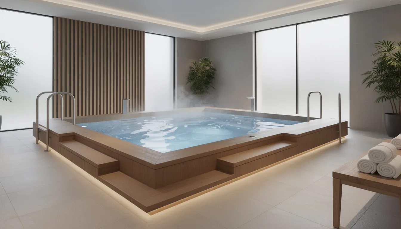 The image depicts a large multi-person cold plunge tub with a sleek wooden surround, situated in a modern wellness center. This cold plunge tub is designed for cold water immersion therapy, offering exceptional performance and easy maintenance for both indoor and outdoor use.
