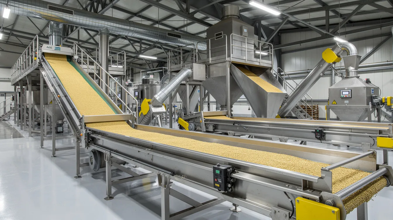 The image depicts a grain processing conveyor system within an industrial food processing facility, showcasing various besan mill machinery designed for high efficiency and uniform grinding of raw materials like Bengal gram. The setup emphasizes strict quality standards and the production process for fine besan, essential for the food processing industry and Indian cuisine.