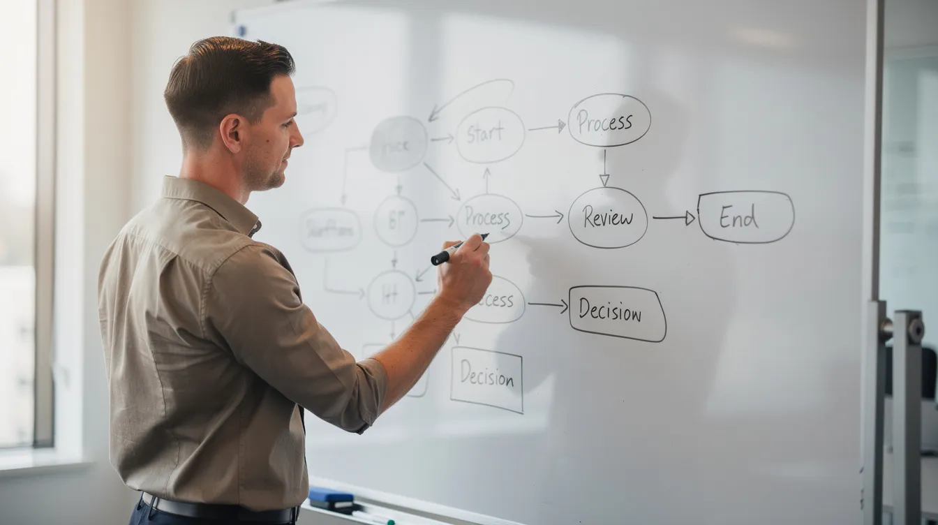 A person is standing in front of a whiteboard, drawing a workflow graph with connected nodes and arrows, illustrating the process of retrieval augmented generation (RAG) systems. The diagram likely represents how relevant documents and external knowledge are integrated to enhance large language model (LLM) responses in technical interviews and AI applications.
