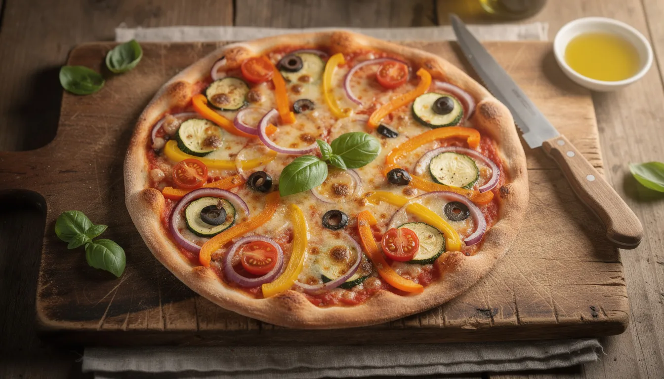 Une pizza maison garnie de légumes colorés est présentée sur une planche en bois rustique, illustrant un repas équilibré et sain. Cette image évoque des idées de recettes pour un menu savoureux et nutritif, parfait pour toute la famille.