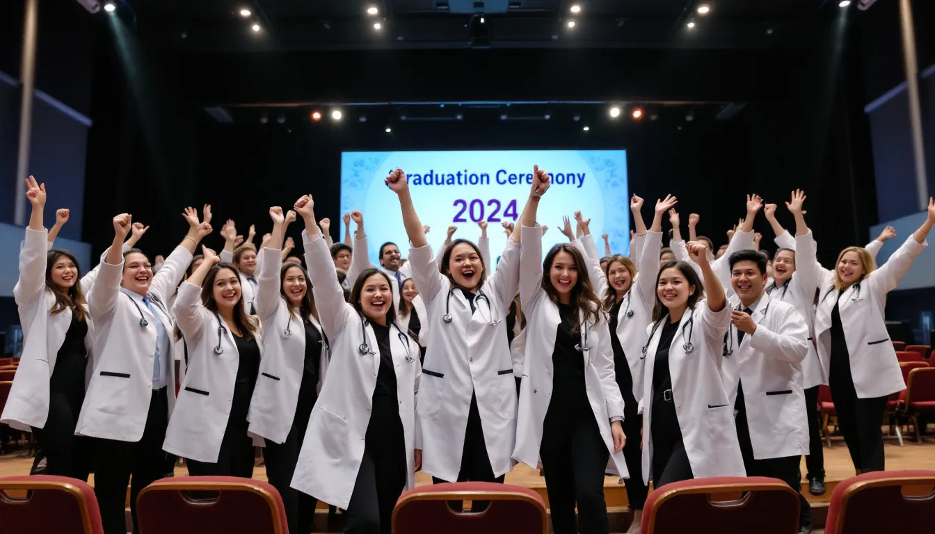 The image depicts a group of healthcare graduates celebrating at a certification ceremony, proudly holding their phlebotomy technician certificates. They are dressed in academic regalia, smiling and embracing each other, symbolizing their successful completion of the phlebotomy technician program and readiness to enter the clinical laboratory field.