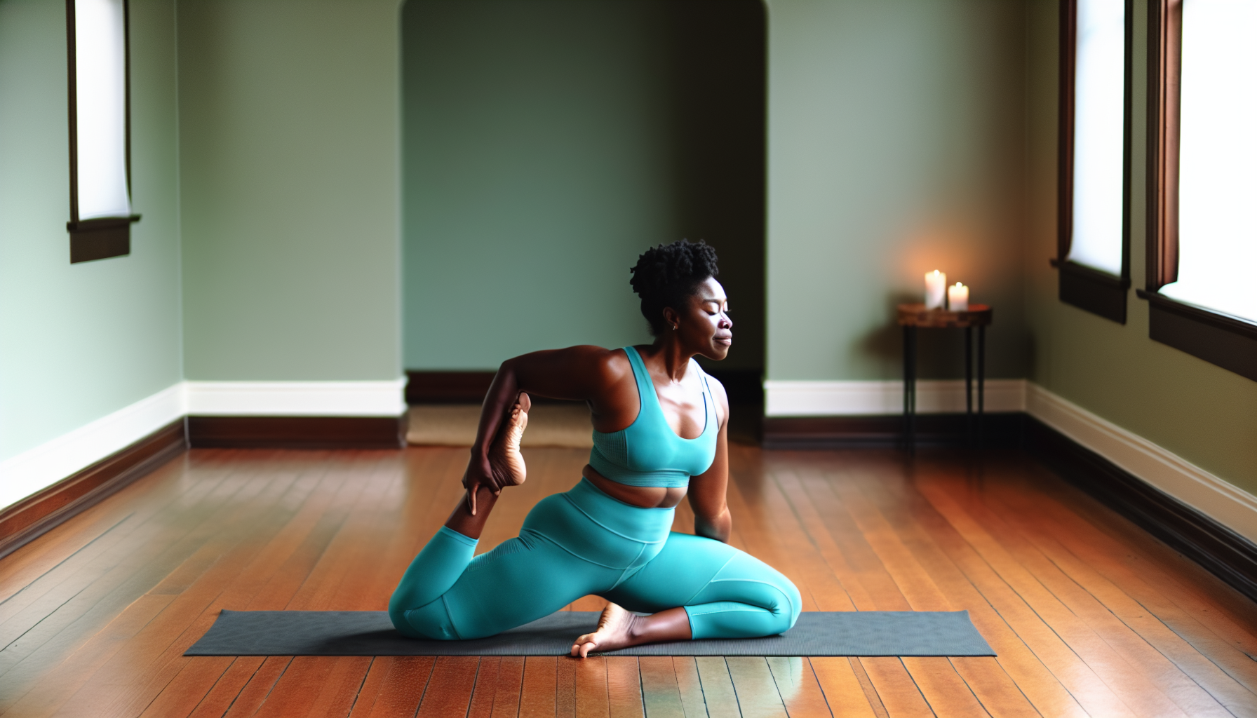 A woman wearing comfortable yoga attire in a yoga studio