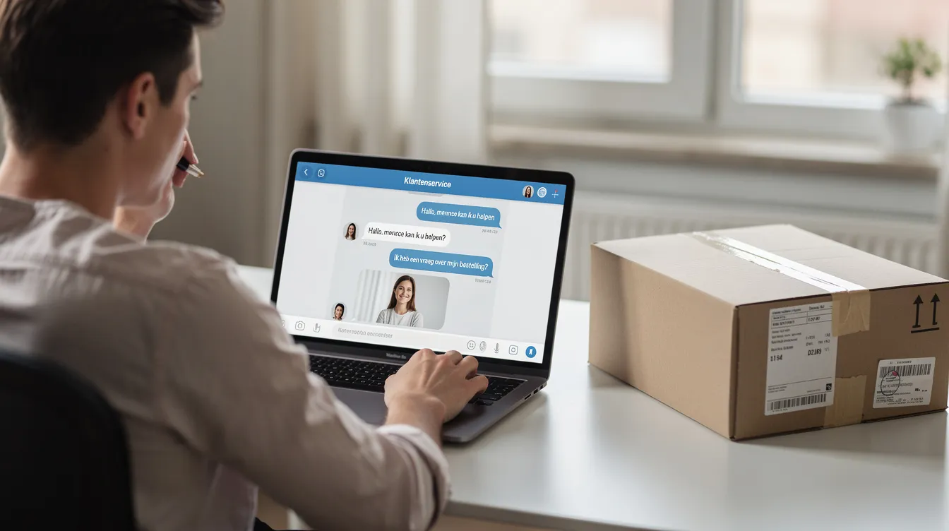 Een persoon zit aan een bureau en chat op een laptop met een klantenservice-assistent, terwijl er een pakket naast het bureau ligt. De chatfunctie biedt hulp bij vragen over de status van je pakket en andere diensten van de klantenservice van PostNL.