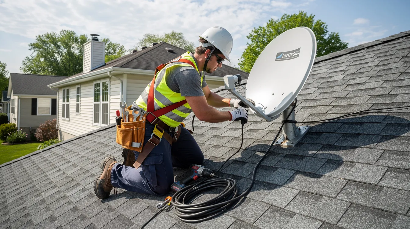 A technician is installing a satellite dish on a residential rooftop, ensuring proper alignment for optimal signal strength. This professional installation is part of the dstv installation services offered in Mitchells Plain, providing reliable entertainment solutions for homeowners.