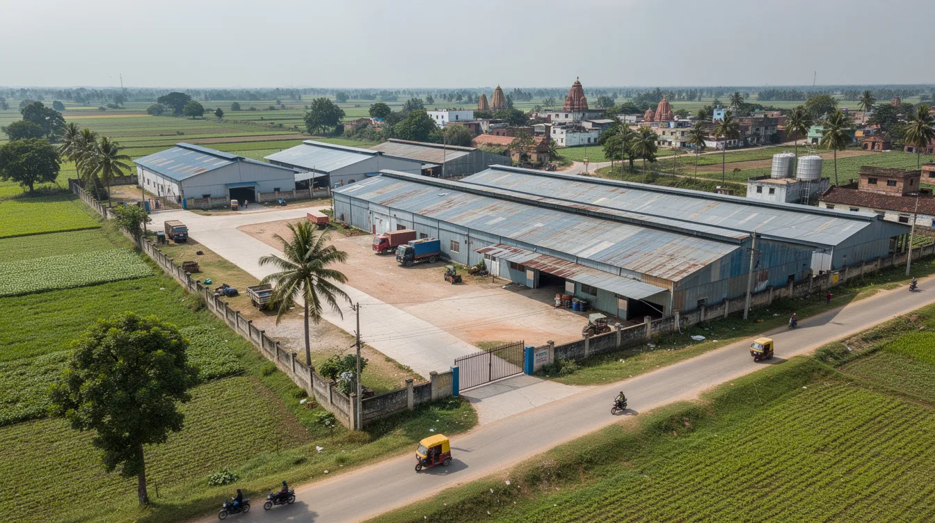 856f3203 ab50 4125 be92 7247939696ae An aerial view showcases an industrial plot in a rural Indian setting, featuring several warehouses and internal roads, indicative of a dal mill plant. The layout suggests a focus on operational efficiency and production capacity, essential for processing raw pulses and meeting high demand in the food processing industry.