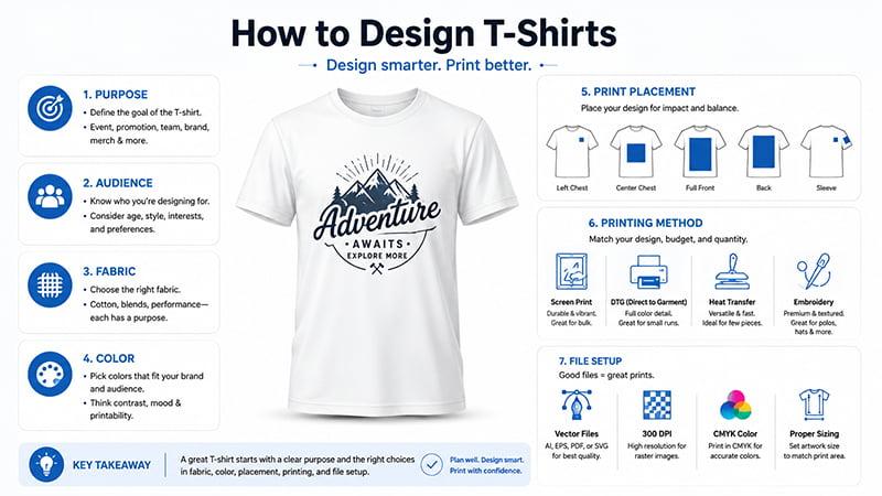 Infographic showing a 7-step custom T-shirt design workflow from purpose to print-ready files.