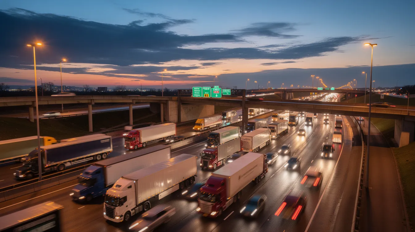 The image depicts heavy semi truck traffic on a busy multi-lane highway interchange at dusk, with numerous commercial trucks and passenger vehicles navigating the complex roadways. This scene highlights the potential risks associated with truck accidents, emphasizing the importance of experienced truck accident lawyers for those involved in truck accident cases.