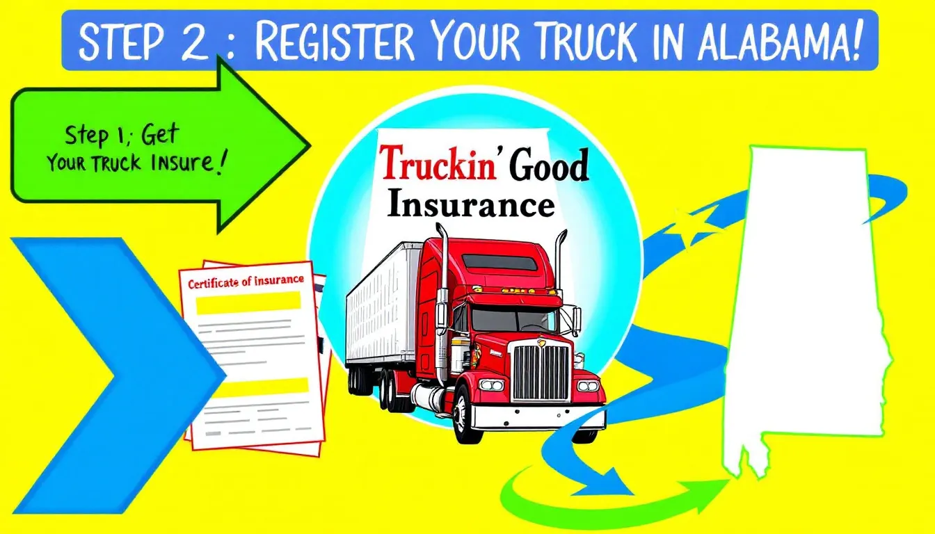 An illustration of insurance documents related to a trucking company in Alabama.