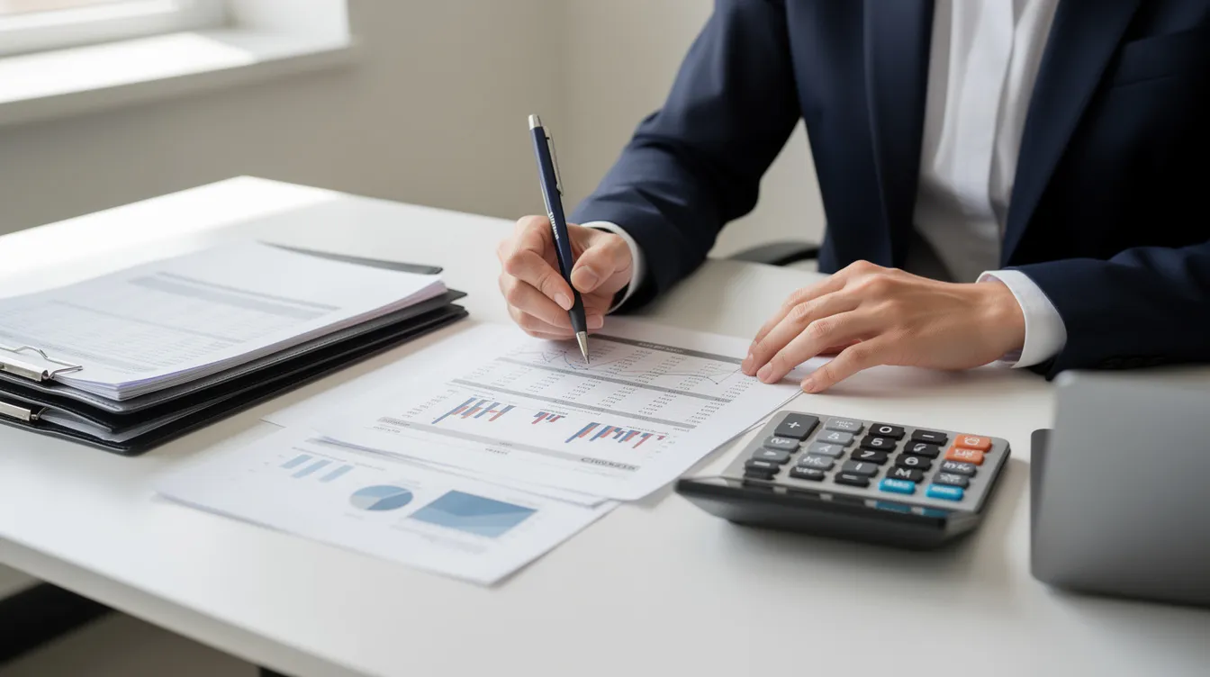 857533a6 614c 4e7f 8df3 8862dd48b76b The image shows a professional reviewing financial papers alongside a calculator on an office desk, indicating a focus on financial analysis for a business loan application. This scene reflects the meticulous work involved in preparing a project report that includes complete financial information and commercial aspects essential for securing funding from financial institutions.
