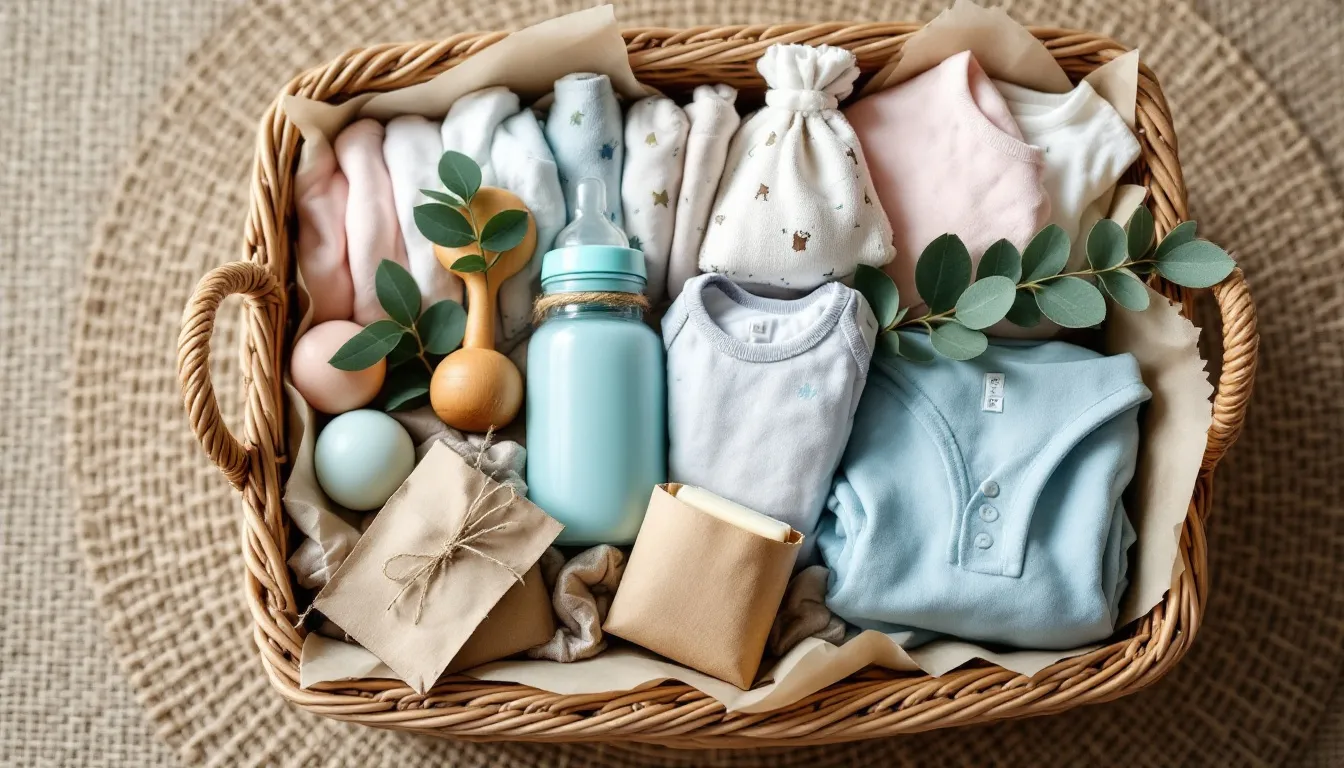 A beautifully arranged DIY baby gift basket features organic cotton onesies, wooden rattles, glass baby bottles, reusable cloth nappies, and natural baby soap, all styled with kraft paper and eucalyptus leaves, making it a perfect eco-friendly baby shower gift. This sustainable collection is ideal for new parents looking for thoughtful and safe baby gifts for their little ones.