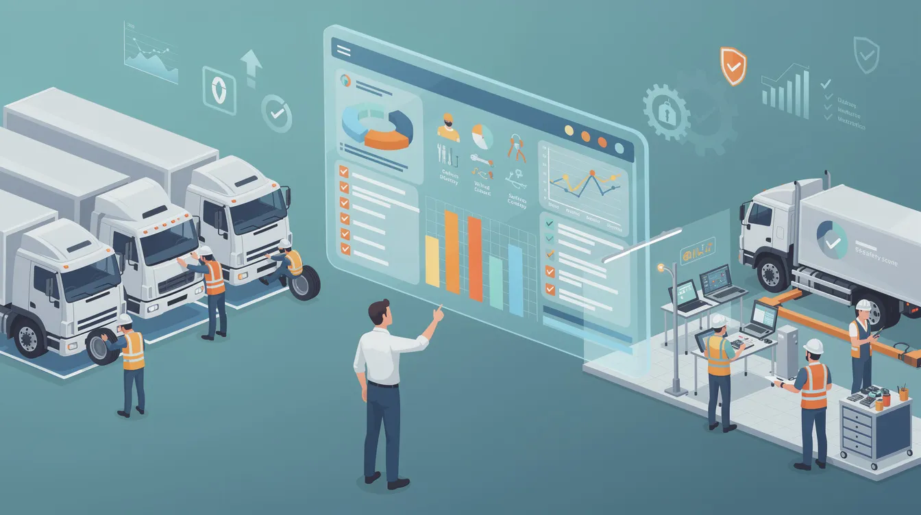 Roadcheck Violations: The image depicts a commercial motor vehicle undergoing a roadside inspection, highlighting the importance of compliance with safety regulations to maintain a good CSA score. Various safety improvement categories are emphasized, such as proper securement of cargo and regular vehicle maintenance, which are crucial in avoiding driver violations and ensuring safety on the road.