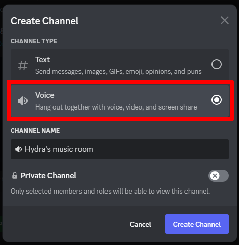 Image showing how to create a voice channel for Hydra