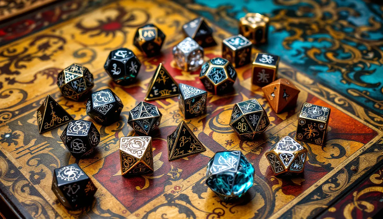 Different materials of dice sets for tabletop gaming.