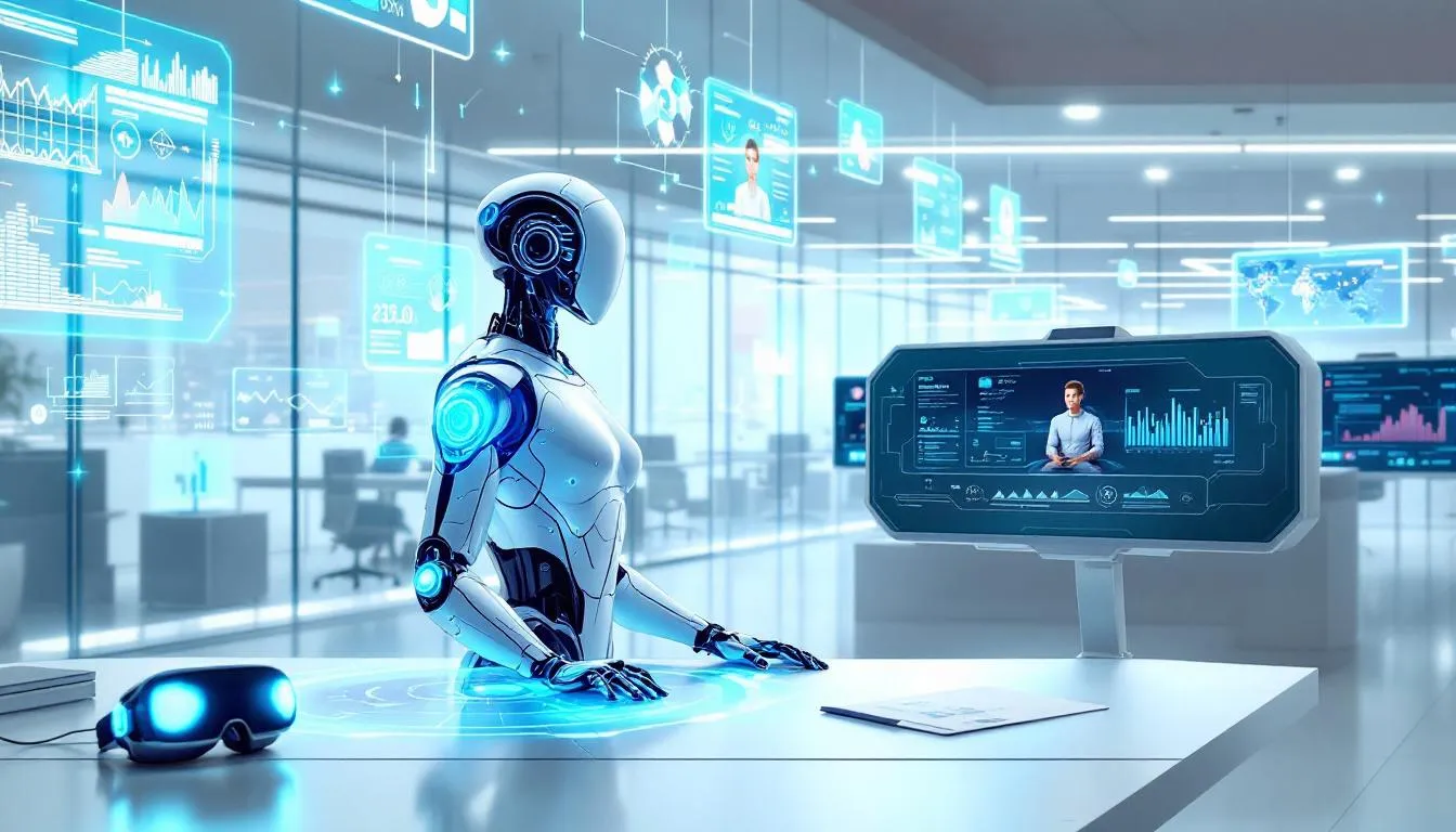A futuristic depiction of future trends in AI recruiting, including predictive analytics and virtual reality interviews.