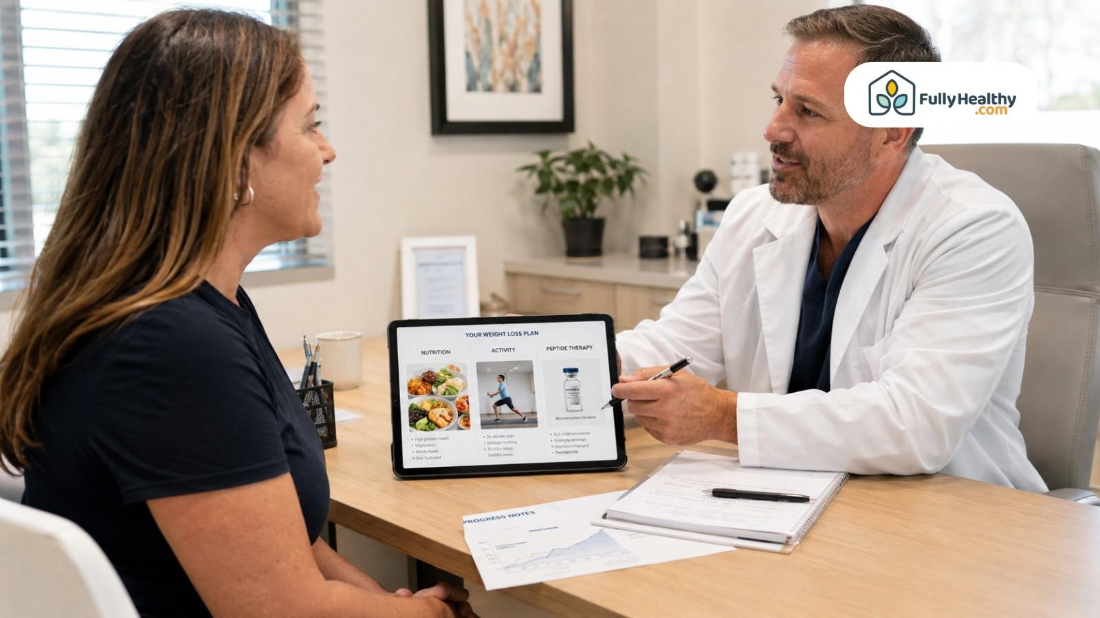 Doctor discussing weight loss plan with patient, including nutrition, activity, and peptide therapy